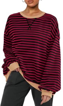 PANOZON Damen Oversized Sweatshirt Gestreift Color Block Rundhals Langärmelig Lässig Lose Pullover Y2K Casual Oberteile Tops(Rotwein,L) von PANOZON