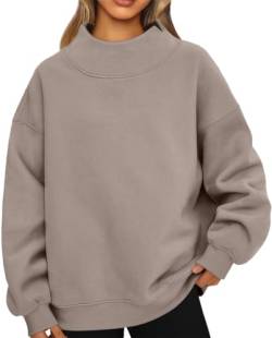 PANOZON Damen Pullover Oversize Sweatshirt Langarm Fleece Rundhalsausschnitt Herbst Winter Frauen Mädchen Klamotten Locker Oberteile(Khaki,XL) von PANOZON