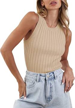 PANOZON Damen Rundhals Strick Tanktop Slim Fit Sommer Shirts Racerback Crop Top(XL,beige) von PANOZON