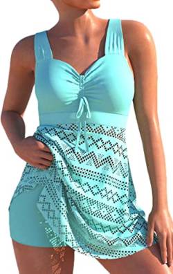 PANOZON Damen Spitze Tankini Beachwear Push Up Einfarbig Badeanzug Brazilian Plus Size Swimsuit Himmelblau XL von PANOZON