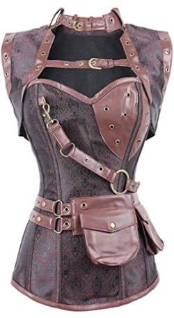 PANOZON Damen Steampunk Brokatmuster Corsage Korsett Vintage Retro Frauen Gothic Korsage(Small,Braun) von PANOZON