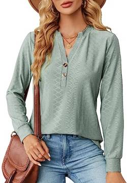 PANOZON Damen V-Ausschnitt Mit Knöpfen Langarmshirt Einfarbig Loose Top Basic Shirt Tunika Oberteile(Grün,XL) von PANOZON