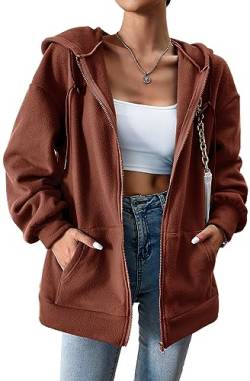 PANOZON Damen Zip Hoodie Langarm Kapuzenpulli Fleece Schüttelvlies Outwear Jacken Herbst Winter Sweatjacke mit Taschen Langarm Warm(Braun,M) von PANOZON