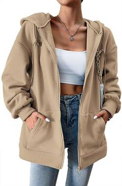 PANOZON Damen Zip Hoodie Langarm Kapuzenpulli Fleece Schüttelvlies Outwear Jacken Herbst Winter Sweatjacke mit Taschen Langarm Warm(Khaki,M) von PANOZON