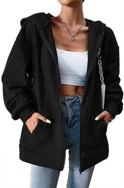 PANOZON Damen Zip Hoodie Langarm Kapuzenpulli Fleece Schüttelvlies Outwear Jacken Herbst Winter Sweatjacke mit Taschen Langarm Warm(Schwarz,S) von PANOZON