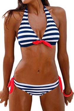 PANOZON Frauen Streifen Taillierte Badeanzug Split Damen Bademode Set Bikini(Large,Blau Weiss) von PANOZON