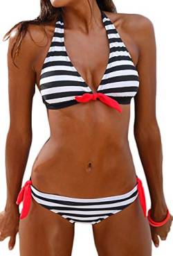 PANOZON Frauen Streifen Taillierte Badeanzug Split Damen Bademode Set Bikini(Large,Schwarz Weiss) von PANOZON