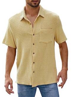 PAODIKUAI Herren Retro Kurzarm Cordhemd Casual Button Down Shirts, A-gelb, L von PAODIKUAI