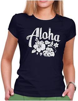 PAPAYANA - Aloha - Damen Fun T-Shirt Bedruckt - Regular Fit - Hawaii - Navy - Medium von PAPAYANA