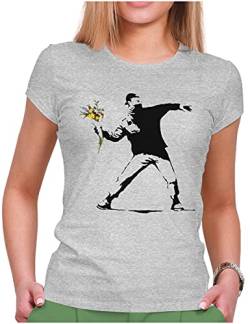 PAPAYANA - Banksy Flower Thrower - Damen Fun T-Shirt - Regular Fit - Streetart - Grau Meliert - XXL von PAPAYANA