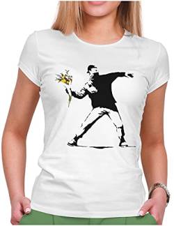 PAPAYANA - Banksy Flower Thrower - Damen Fun T-Shirt - Regular Fit - Streetart - Weiß - Small von PAPAYANA