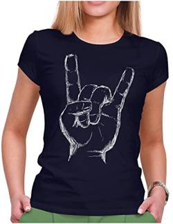 PAPAYANA - Heavy Metal Hand - Damen Fun T-Shirt Bedruckt - Regular Fit - Music Band Punk Rock - Navy - Large von PAPAYANA