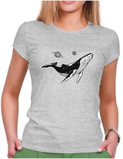 PAPAYANA - Whale Galaxy - Damen Fun T-Shirt Bedruckt - Regular Fit - Wal Ocean Weltraum - Grau Meliert - Medium von PAPAYANA