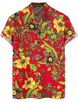 PARKLEES Hawaii-Hemd für Herren, Baumwolle, Leinen, Blumenmuster, lässig, kurzärmelig, Großvater-Kragen, 2-gelb, rot, XL von PARKLEES