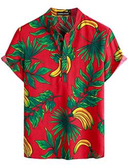 PARKLEES Hawaii-Hemd für Herren, Baumwolle, Leinen, Blumenmuster, lässig, kurzärmelig, Großvater-Kragen, rot, L von PARKLEES