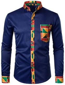 PARKLEES Herren African Tribal Grafik Patchwork Design Slim Fit Langarm Freizeithemd Party Shirt für Männer PZZCL46 Navy XL von PARKLEES