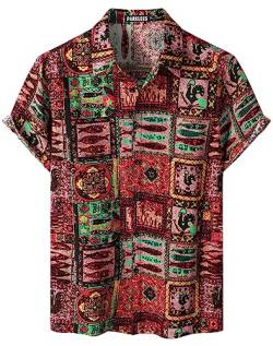 PARKLEES Herren Baumwolle Leinenhemd Funky Blumenmuster Hawaiihemd Casual Kurzarm Button Down Strandhemd EU-PZTAN01 Burgund Mehrfarbig L von PARKLEES