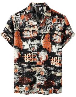 PARKLEES Herren Baumwolle Leinenhemd Funky Blumenmuster Hawaiihemd Casual Kurzarm Button Down Strandhemd EU-PZTAN01 Schwarz Orange XL von PARKLEES