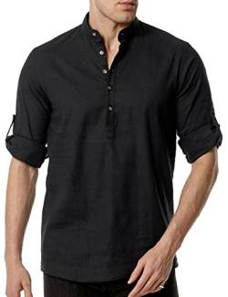 PARKLEES Herren Baumwolle wie Leinen Henley Shirt Casual Atmungsaktiv Langarm Hippie Strand Shirts, Schwarz , XL von PARKLEES