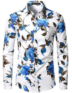PARKLEES Herren Geblümt Langarm Sommer Freizeithemd Hawaiihemd Muster Langarmhemd 101 Blau XXL von PARKLEES
