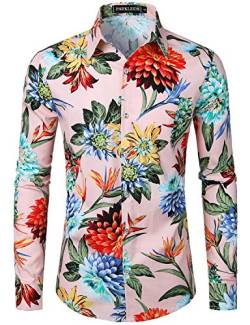 PARKLEES Herren Geblümt Langarm Sommer Freizeithemd Hawaiihemd Muster Langarmhemd 104 Rosa XXL von PARKLEES