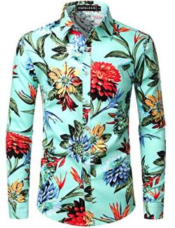 PARKLEES Herren Geblümt Langarm Sommer Freizeithemd Hawaiihemd Muster Langarmhemd 104 Türkis S von PARKLEES