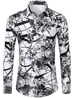 PARKLEES Herren Geblümt Langarm Sommer Freizeithemd Hawaiihemd Muster Langarmhemd 105 Grau XXXL von PARKLEES