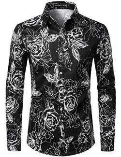 PARKLEES Herren Geblümt Langarm Sommer Freizeithemd Hawaiihemd Muster Langarmhemd 109 Schwarz S von PARKLEES