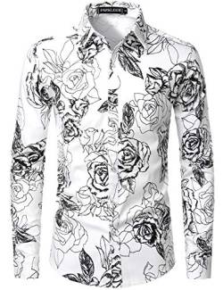 PARKLEES Herren Geblümt Langarm Sommer Freizeithemd Hawaiihemd Muster Langarmhemd 109 Weiß XXL von PARKLEES