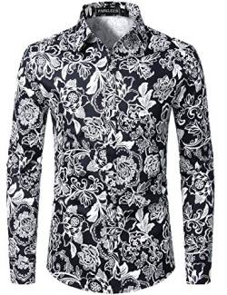 PARKLEES Herren Geblümt Langarm Sommer Freizeithemd Hawaiihemd Muster Langarmhemd 110 Schwarz M von PARKLEES