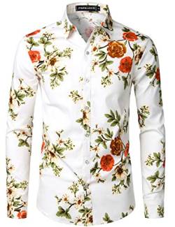 PARKLEES Herren Geblümt Langarm Sommer Freizeithemd Hawaiihemd Muster Langarmhemd 111 Weiß XXL von PARKLEES