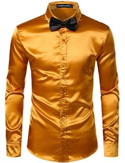 PARKLEES Herren Glänzend Slim Fit Satin Langarmhemd Frezeit Business Hemd für Party Nachtclub CL14 Golden XXL von PARKLEES