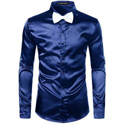 PARKLEES Herren Glänzend Slim Fit Satin Langarmhemd Frezeit Business Hemd für Party Nachtclub CL14 Navy L von PARKLEES