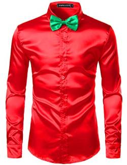 PARKLEES Herren Glänzend Slim Fit Satin Langarmhemd Frezeit Business Hemd für Party Nachtclub CL14 Rot S von PARKLEES