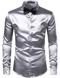 PARKLEES Herren Glänzend Slim Fit Satin Langarmhemd Frezeit Business Hemd für Party Nachtclub CL14 Silber L von PARKLEES