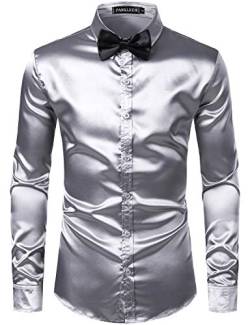 PARKLEES Herren Glänzend Slim Fit Satin Langarmhemd Frezeit Business Hemd für Party Nachtclub CL14 Silber S von PARKLEES