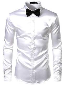 PARKLEES Herren Glänzend Slim Fit Satin Langarmhemd Frezeit Business Hemd für Party Nachtclub CL14 Weiß M von PARKLEES