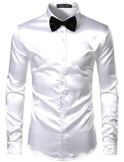 PARKLEES Herren Glänzend Slim Fit Satin Langarmhemd Frezeit Business Hemd für Party Nachtclub CL14 Weiß S von PARKLEES
