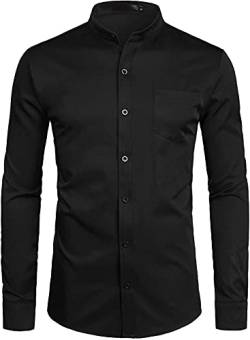 PARKLEES Herren Grandad Kragen Smart Dress Shirt Slim Fit Langarm Knopfleiste Hemden mit Tasche, Schwarz , S von PARKLEES