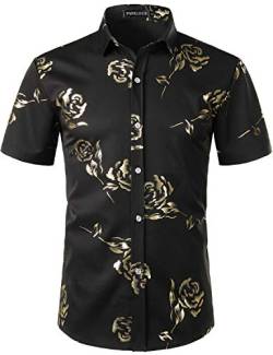 PARKLEES Herren Hipster Gold Rose Gedruckt Slim Fit Kurzarm Button Down Kleid Shirts, schwarz / goldfarben, S von PARKLEES