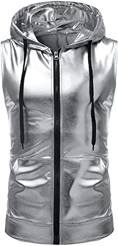 PARKLEES Herren Hipster Metallic Pailletten Reißverschluss ärmellose Kapuzenweste T-Shirt mit Kängurutasche, Z86-Silber, XL von PARKLEES