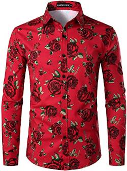 PARKLEES Herren Hipster Urban Design Polyester 3D Printed Slim Fit Langarm Button Up Kleid Shirts, rote rose, XL von PARKLEES