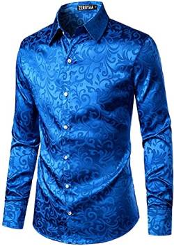 PARKLEES Herren Luxus Jacquard Langarm Kleid Hemd Slim Fit Satin Slik Like Floral Printend Shirts für Hochzeit Party Abschlussball, königsblau, M von PARKLEES