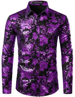 PARKLEES Herren Luxus Paisley Gemustert Golden Glänzend Slim Fit Freizeithemd ZLCL18 Schwarz Lila L von PARKLEES