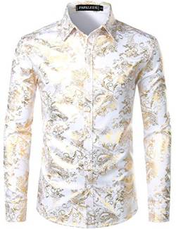 PARKLEES Herren Luxus Paisley Gemustert Golden Glänzend Slim Fit Freizeithemd ZLCL18 Weiß Golden S von PARKLEES