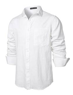 PARKLEES Herren Regular Fit Baumwolle Like Linen Shirt Casual Langarm Button Down Shirts mit Tasche, weiß, S von PARKLEES