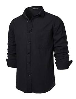 PARKLEES Herren Regular Fit Baumwolle wie Leinen Hemd Casual Langarm Button Down Shirts mit Tasche, Schwarz , XL von PARKLEES