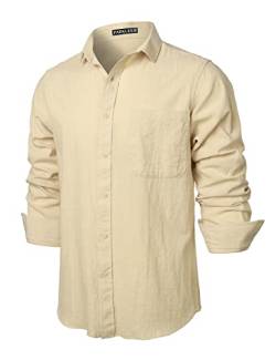 PARKLEES Herren Regular Fit Baumwolle wie Leinen Hemd Casual Langarm Button Down Shirts mit Tasche, beige, XL von PARKLEES