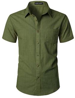 PARKLEES Herren tailliertes Baumwoll-Leinen-Freizeithemd mit kurzen Ärmeln, leichtes Strandoberteil mit Tasche, olivgrün, XXL von PARKLEES