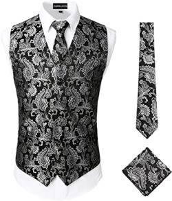 PARKLEES Klassische 3-teilige Paisley-Weste für Herren, Krawatte, Einstecktuch, Hochzeit, Abschlussball, Party, Weste für Anzug oder Smoking, schwarz/silberfarben, XXXL von PARKLEES